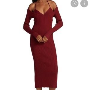 NWT Jonathan Simkhai | Lisa Ribbed Long Sleeve Midi Dress in Garnet Burgundy S